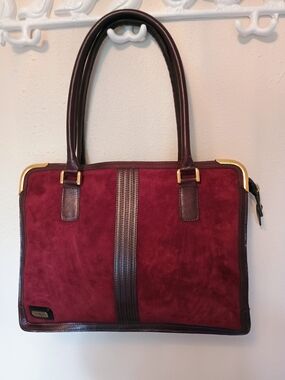 Burgundy Suede Tote with Dark Brown Trim